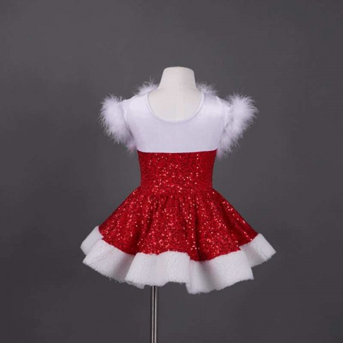 Red sequins white feather tutu skirts ballet dance dress for girls toddlers baby birthday party pianist performance jazz skating dance dress for kids